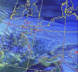 Satellitenbild (Falschfarbenbild, Ausschnitt) von NOAA 7 vom 09.01.1982, 14.21 UT