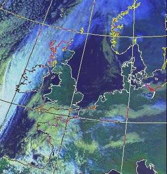 Satellitenbild (Falschfarben, Ausschnitt) von NOAA 9 vom 17.10.1986, 14.33 UT