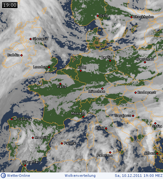 Bewölkung über Europa am 10.12.2011 um 19:00 MEZ