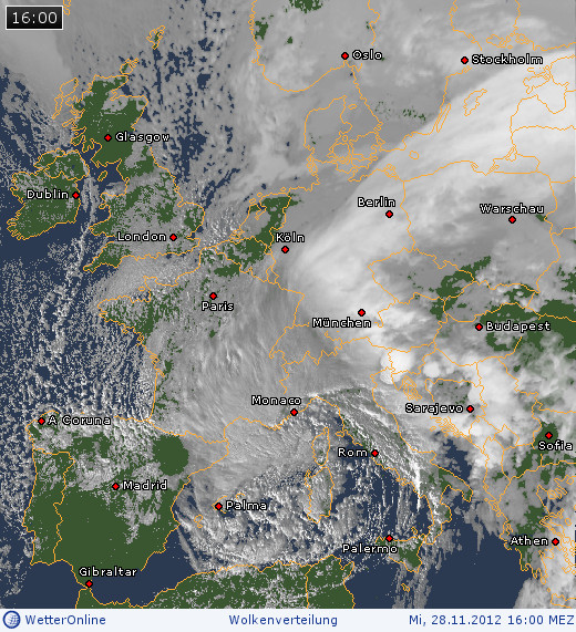 Bewölkung über Europa am 28.11.2012 um 16:00 MEZ