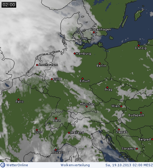 Bewölkung über Mitteleuropa am 19.10.2013 um 02:00 MESZ