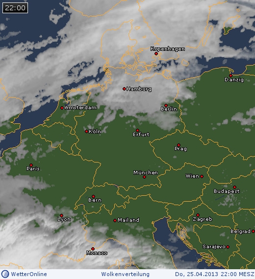 Bewölkung über Mitteleuropa am 25.04.2013 um 22:00 MESZ